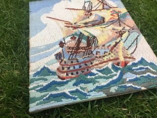 VINTAGE OLD TAPESTRY EMBROIDERED PICTURE HAND STITCH SHIP SAILING BOAT CUTTER 3