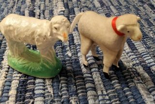 Putz Sheep Wooly Stick Leg Composition Antique German Toy,  Chalkware Lamb