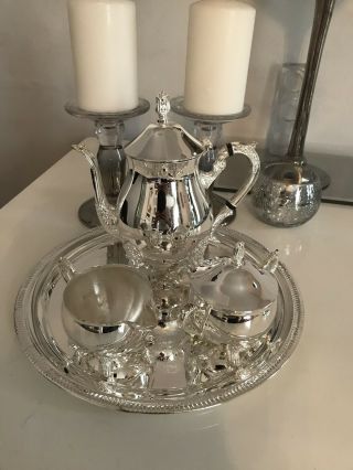 Silver 3 Piece Tea Set With Tray