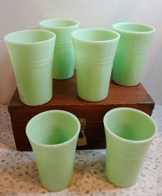 Rare Set Of 6 Jadeite Green Glass 4 1/2’’ High Drinking Tumblers Unknown Maker