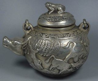 China Ancient Collectable Old Miao Silver Carve Bull Head & Tree Noble Tea Pot