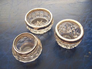 3 Antique / Old Vintage Cut Glass Salt Cellar Dishes With Silver Rim In Vgc