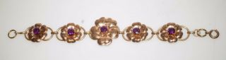 Antique Art Nouveau Embossed Gold Plate Flowers Purple Crystal 7.  5 " Bracelet