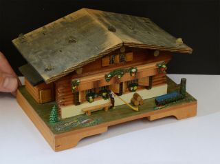 Charming Vintage Handpainted Black Forest Wooden Music Box Chalet.