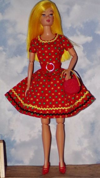 Vintage Barbie Clone Fab Lu Premier Red Floral Day Dress Purse & Shoes Ensemble