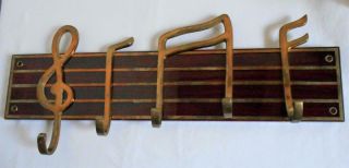 Vintage Brass Wood Wall Mount Coat Hat Rack With Music Clef & Notes
