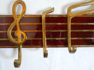 Vintage Brass Wood Wall Mount Coat Hat Rack with Music Clef & Notes 2