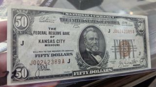 Rare Hi Grade 1929 Us $50 National Currency Brown Seal - Reserve Bank Of Kansas Ci