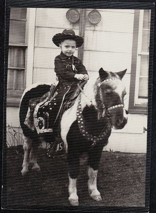 Antique Vintage Photograph Little Boy Dressed As Cowboy Riding Horse Pony