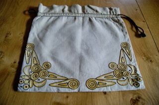 Vintage Art Deco Style Natural Linen Drawstring Bag Embroidered Gold & Black