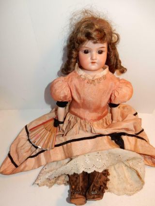 Antique German Bisque Am 370 Doll 16 " With Old Leather Boots Dress & Slip