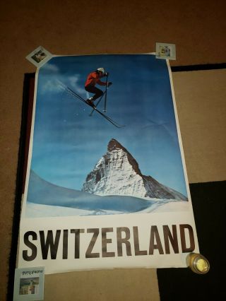 Vintage Switzerland Ski Skiing Winter Sports Mountain Snow Poster Travel World