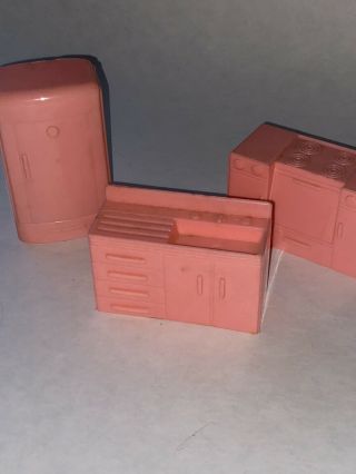 Vtg 1950s 1960s Pink Plastic Dollhouse Kitchen Refrigerator Sink Stove Furniture