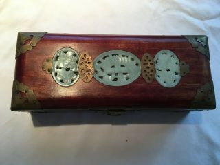Vintage Chinese Jewellery Box Oriental Wood With Brass And Jade Design Red Silk