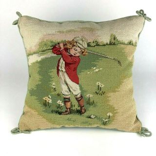 Vtg Wool Needlepoint Pillow With Cording Little Boy Playing Golf 14.  5 " X 15.  25 "