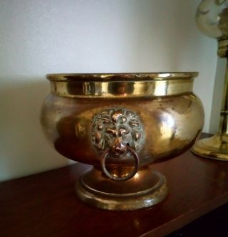 Antique Victorian Brass Jardinier,  Pedestal Planter,  Plant Pot With Lion Handles
