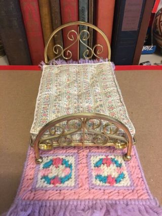Vintage Dollhouse Miniature Furniture Brass Bed With Mattress And Crochet Rug