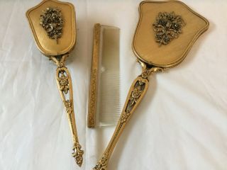 Antique Three Piece Gold Vanity Set Hand Mirror,  Brush,  Comb Euc Early 1900