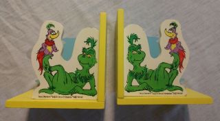 Vintage Dr.  Suess Grinch Wooden Bookends Jim Henson Rare Set Christmas Green