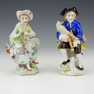 Antique Sitzendorf Porcelain - Man & Lady Piper Figurines - Lovely