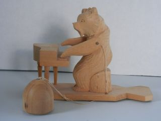 Vintage Kinetic Wood Bear Playing Piano Toy - Hand Carved