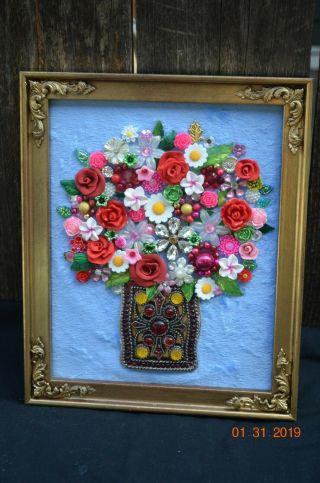 Vintage Jewelry Bouquet Framed Collage Art 8 X 10 Ornate Gold Frame