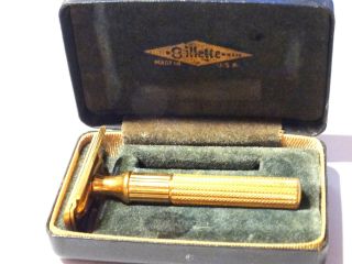 Antique Vintage 1940s Gillette Gold Tech 3 - Piece Razor With Case/box