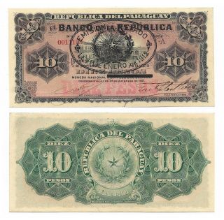 Paraguay Note 10 Pesos 1912 Viveros - ? Overprint Rare P 129 Unc