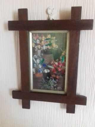 Unusual Victorian Embroidered Floral Picture In Wooden Frame