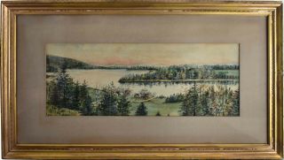 Signed 19th C.  Antique - Watercolor Painting - Nh Lake View,  Sunset