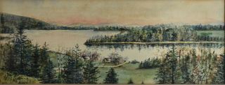 Signed 19th C.  Antique - Watercolor Painting - NH Lake View,  Sunset 3
