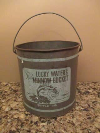 Vintage Lucky Waters Metal Minnow Bucket - Style 78 - Gray / Green - No Lid