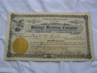 Antique 1912 Billings Brewing Company Stock Certificate Montana Beer
