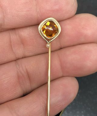Vintage 14k Gold Ladies Stick Pin W/ Amber Stone & Pearl 3” Old Antique Rare