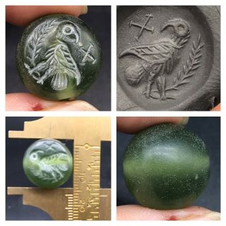 Beautifull Green Nephrite Stone A Bird Lago Intaglio Stamp Bead