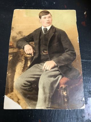 Old Cabinet Photo.  Rare Coloured Photo Portrait Young Man