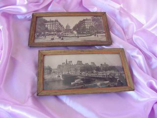 Antique 1890 - 1910 2 Picture Prints Paris France 2 Matching Wood Frames Vintage
