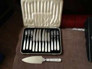Vintage Set Of Dessert Forks And Knifes,  Fitted Box,  Mother Of Pearl X13