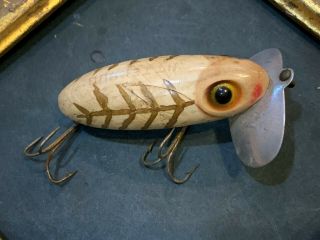 Vintage Jitterbug White Gold Herringbone Fred Arbogast Akron Oh Flap Fish Lure