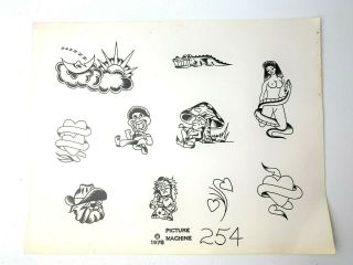 Vintage 1978 Rare Picture Machine B & W Tattoo Designs Flash Sheet 254