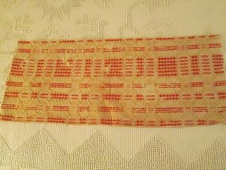 Antique Woven Red Tan Natural Coverlet Piece 12 X 30 " Table Runner Or Crafts