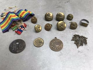 Antique Ww1 Trench Art,  Ribbons,  Buttons.  Militaria.  Badges