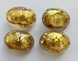 4 X 25mm Antique Buttons,  Transparent Amber Glass Over Gold Foil With Lustre