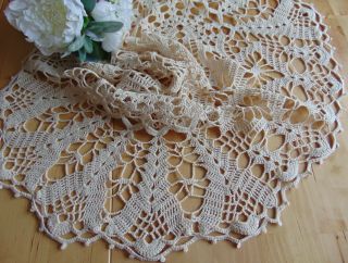 Vintage Hand Crocheted Ecru Heavy Cotton Large Tablecloth/runner 101 X 61 Cm
