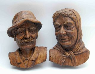 Pair 2 Vintage Lucern Swiss Wood Carvings Man Woman Head Bust Face Signed 1982