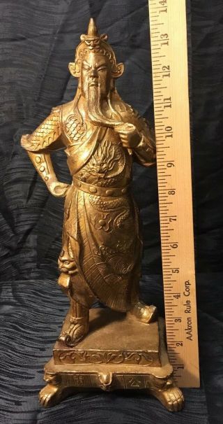 Vtg 14” Tall Chinese Fengshui Guan Gong Yu Warrior God Dragon Golden Statue