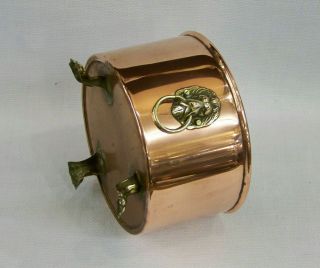 Vintage Copper & Brass Planter Jardiniere With Lions Head Handles & Paw Feet Vgc