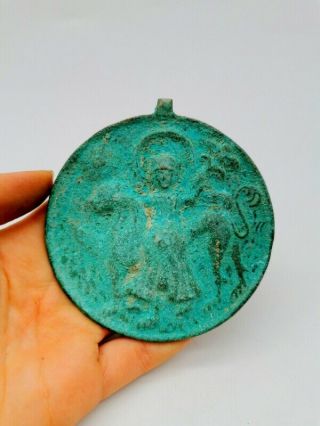 Ancient Western Asiatic Bronze Medallion Depicting Ishtar And A Beast R851