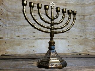 Antique Vintage Well Made Jewish Menorah Brass 8 Arm Candle Holder