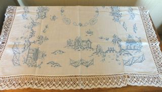 Vintage Linen Willow Pattern Design Table Cloth Deep Lace Border B